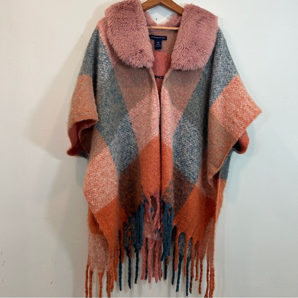 Adrienne Vittadini Soft Pastel Plaid Poncho Pink Fur Collar Tassel Fringe OS